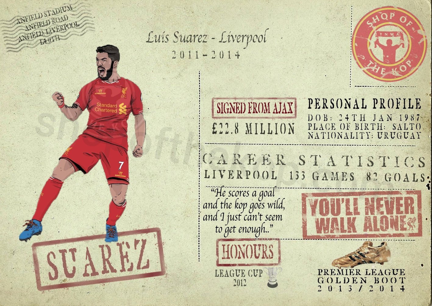 Suarez Pin Badge - Postcard Series - Shop of the Kop